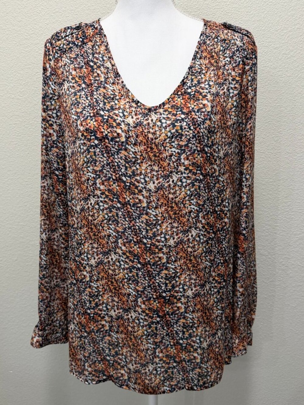 Liz Claiborne navy orange abstract print sheer blouse, long sleeves, large